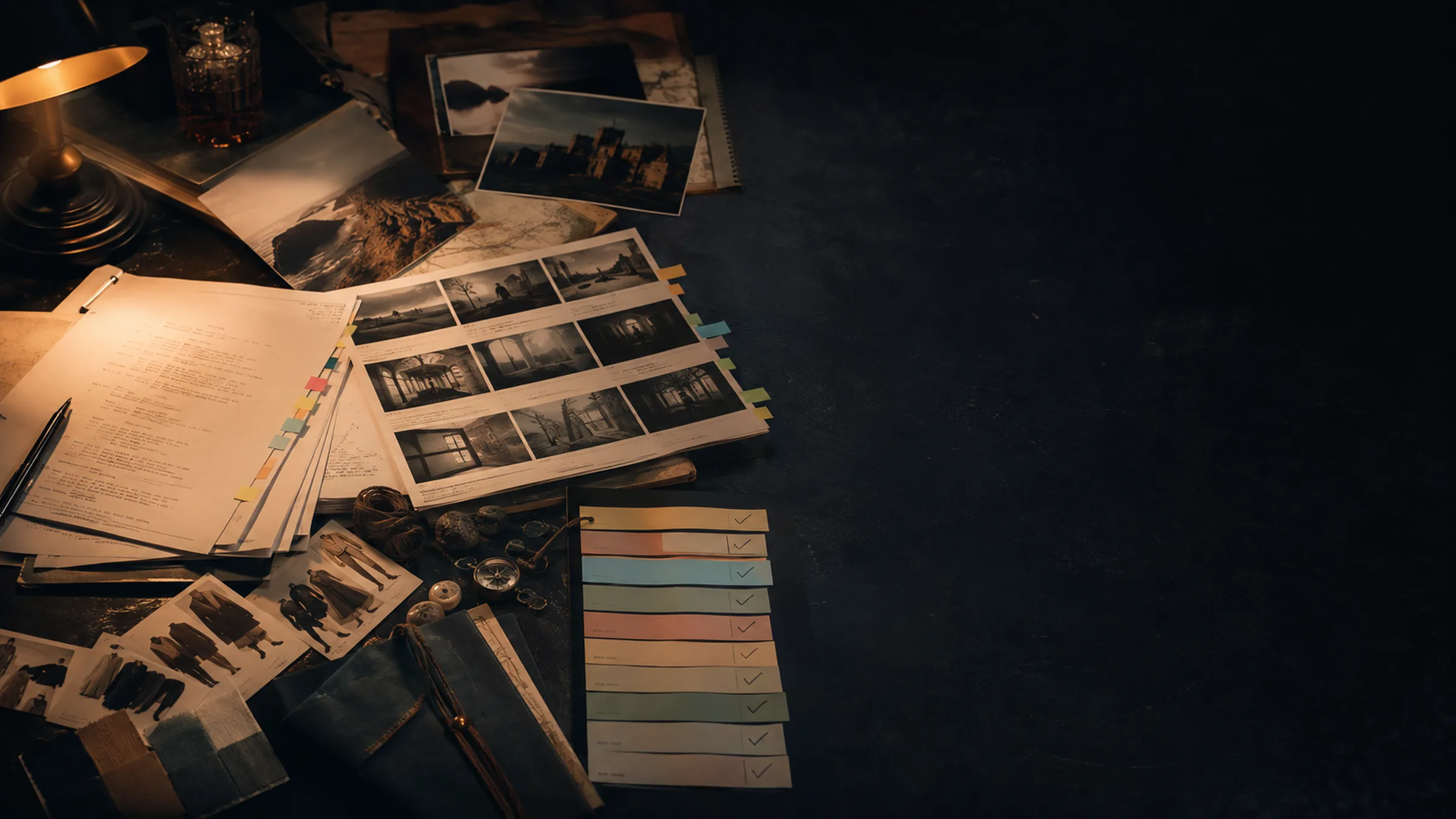 Drehbuch, Storyboard und Produktionsmaterialien auf einem Arbeitstisch